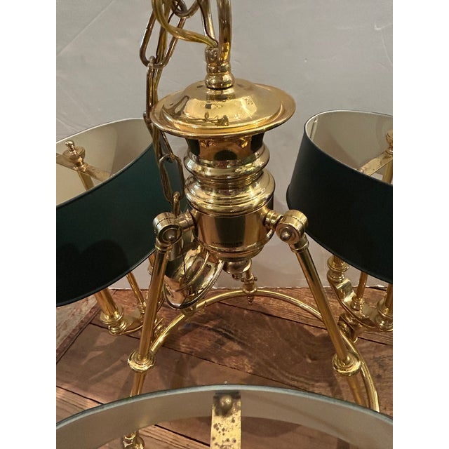 1980s 1980s Bouillotte Style Brass 3 Arm Chandelier With Green Tole Shades by Lightolier For Sale - Image 5 of 16