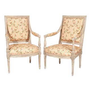Pair Louis XVI Painted Fauteuils With Silk Rosebud Fabric For Sale