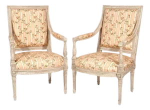 Pair Louis XVI Painted Fauteuils With Silk Rosebud Fabric