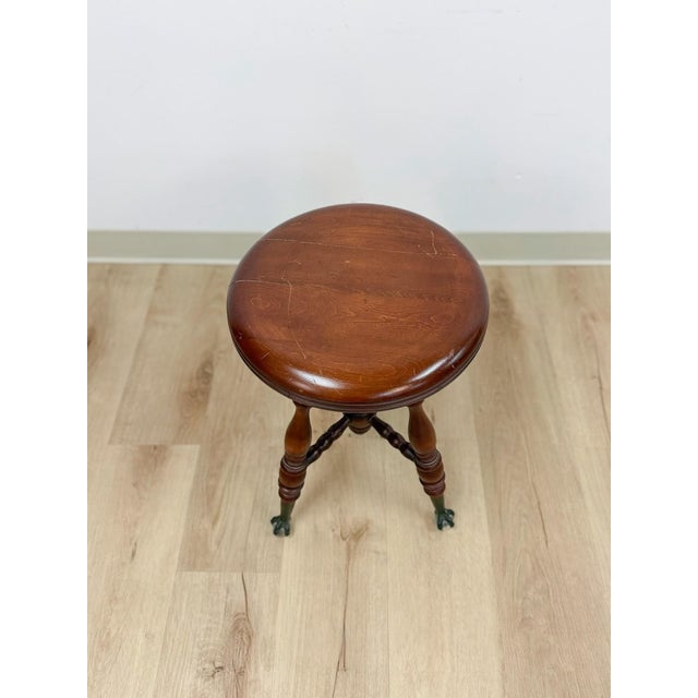 Wood Vintage Victorian Adjustable Piano Stool Brass Claw Ball Feet Turned Wood For Sale - Image 7 of 10