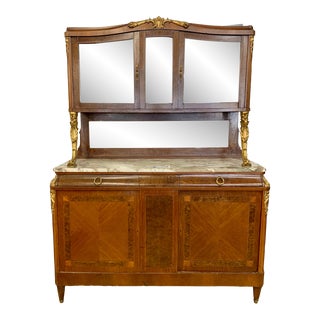 Early 20th Century Antique French Parquetry, Marble, Bronze Ormolu China Cabinet Breakfront Credenza For Sale