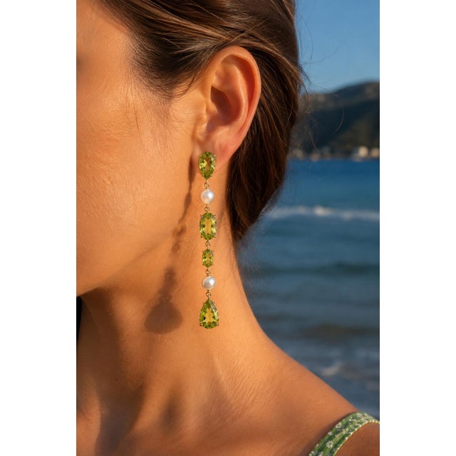 Modern Peridot & Pearl Drop Multi-Shape Earrings, Silver, Gold, Pair For Sale - Image 3 of 9