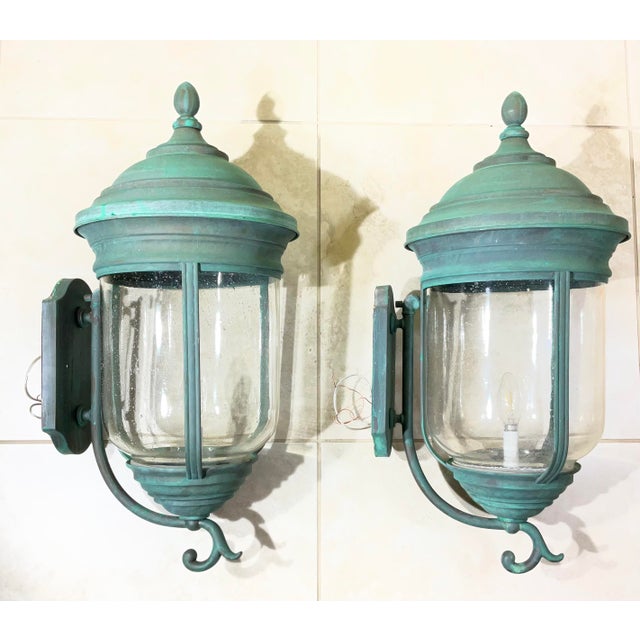 Pair of Vintage Solid Brass Wall Lanterns /Sconces 26”x 12” X13” For Sale - Image 9 of 15
