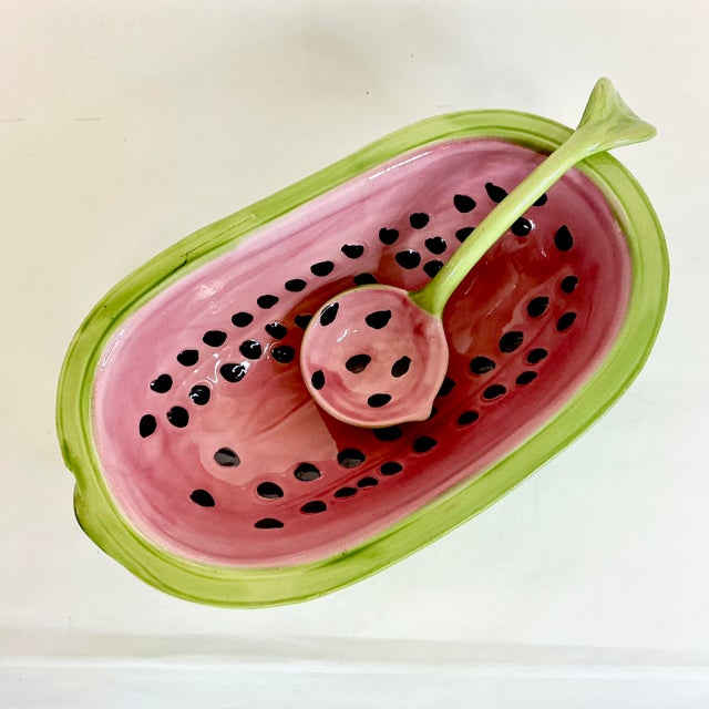 Raspberry Red Mid 20th Century Americana Folk Art Arts & Crafts Ceramic Watermelon Serving Bowl With Ladle - 2 Piece Set. For Sale - Image 8 of 12