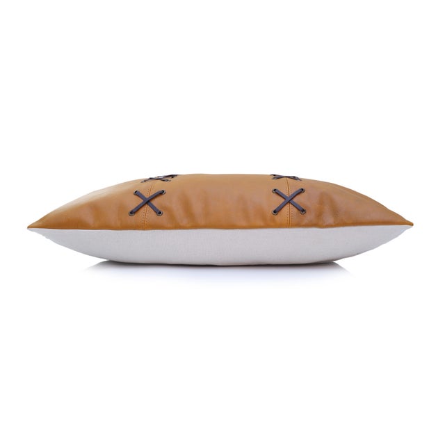 2020s Luxury Camel Leather Lace Throw Pillow 16x24 | Handmade Designer Lumbar Cushion With Cross-Laced Detail For Sale - Image 5 of 10