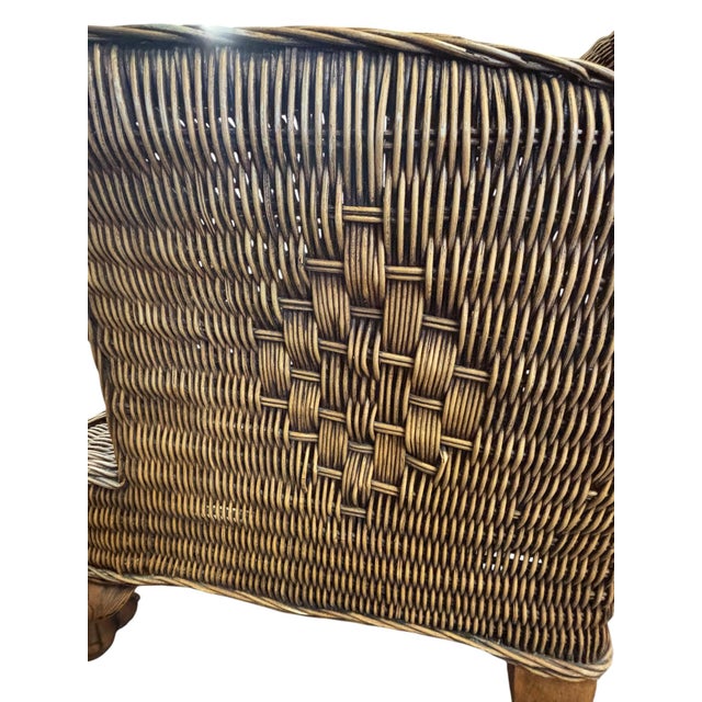 Late 20th Century Carved British Colonial Wicker Club Chair by Acacia Furniture & Two Leather Pillows For Sale In Greensboro - Image 6 of 12
