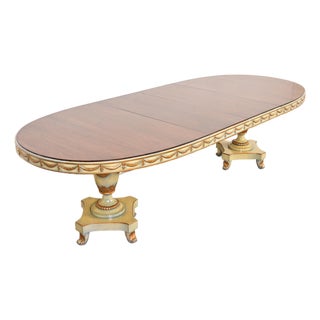Karges Style Italian Regency or Neoclassical Walnut and Parcel Gilt Double Pedestal Extension Dining Table, Circa 1940s For Sale