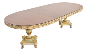 Karges Style Italian Regency or Neoclassical Walnut and Parcel Gilt Double Pedestal Extension Dining Table, Circa 1940s