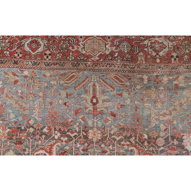 Persian Antique Serapi Rug With All-Over Geometric Design in Gray-Blue and Red For Sale - Image 9 of 14