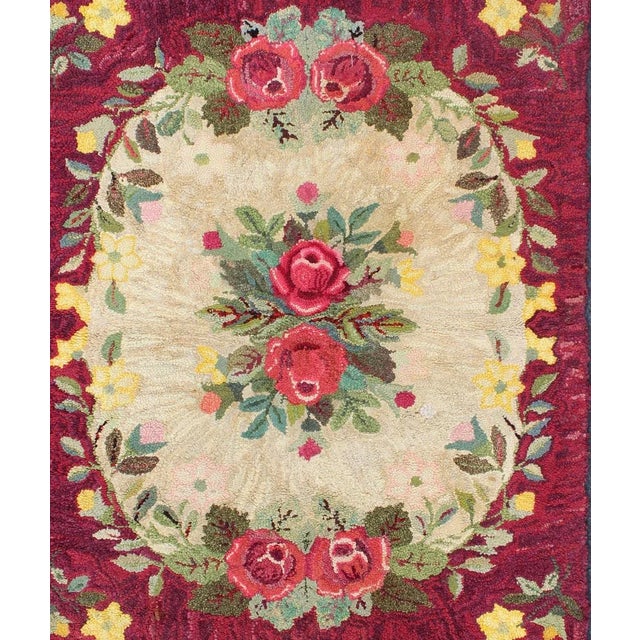 Measures: 2'9 x 4'10. Vintage American Hooked rug with red rose and yellow flower bouquets. Keivan Woven Arts / rug...