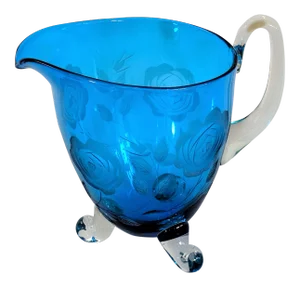 1960s Vintage Hand Blown Blue Glass Pitcher
