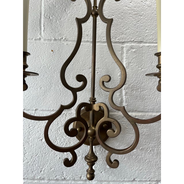 Brass Mid 20th Century Spanish Revival Iron Wall Sconces With Tole Shades, Hollywood Regency Lighting For Sale - Image 8 of 11