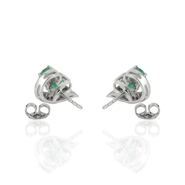 Contemporary Petite Emerald and Diamond Curved Stud Earrings in Sterling Silver - A Pair For Sale - Image 3 of 11