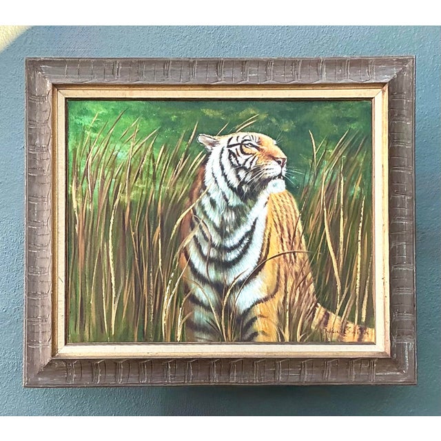 Capture the untamed elegance of the wild with this captivating vintage oil painting of a majestic tiger. Rendered with...
