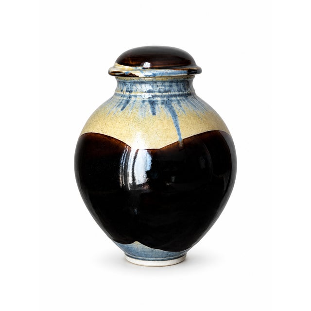 Brown 1980s Signed Studio Pottery Covered Jar With Brown, Blue & Cream Glaze For Sale - Image 8 of 9
