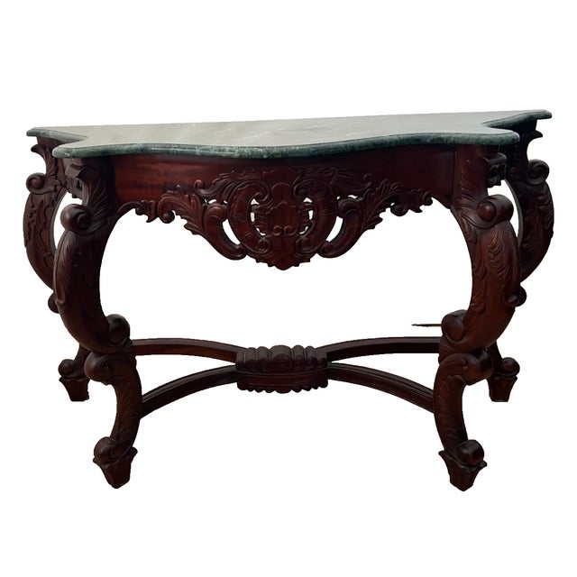 Vintage Victorian Rococo Revival Console Table Carved Mahogany, Green Marble Top For Sale - Image 4 of 13