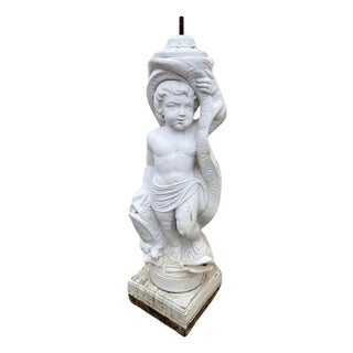 Early 20th Century Italian Classical Carved Marble 31" Cherub Dolphin Garden Fountain Statue For Sale
