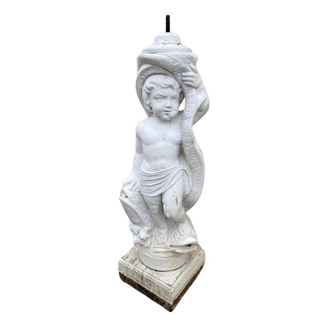 Early 20th Century Italian Classical Carved Marble 31" Cherub Dolphin Garden Fountain Statue For Sale