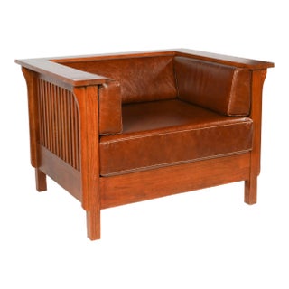 Crafters and Weavers Arts and Crafts Craftsman Cubic Slat Side Arm Chair in Chestnut Brown Leather For Sale