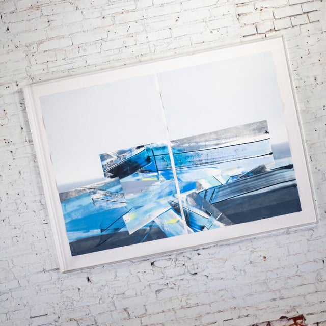 Marvelous Late 20th Century Contemporary Abstract Mixed Media large scale 2D diptych blue & white paper art by C. Robert...