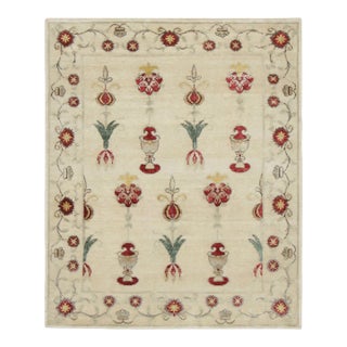 Rug & Kilim’s Block Print Rug, Cream White With Warm and Playful Floral Motifs For Sale