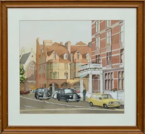 B Cook "British Taxis for Hire" Realism Watercolor on Paper 1981
