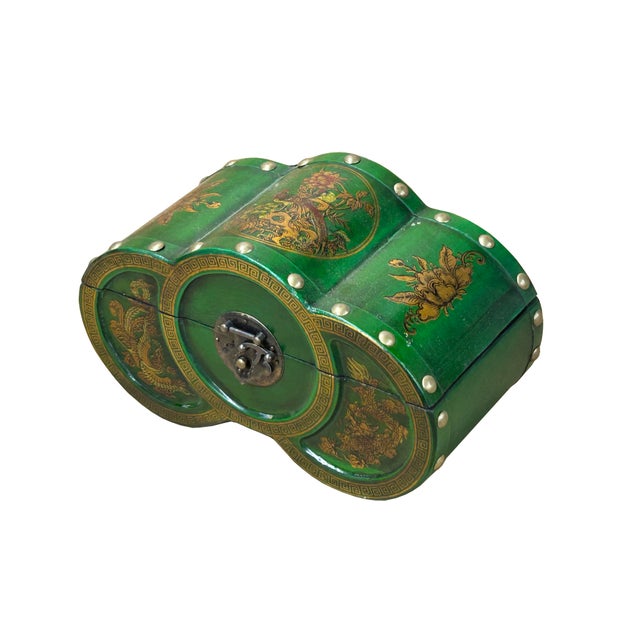 Green Oriental Bright Green Flower Bird Graphic Circles Shape Container Box For Sale - Image 8 of 9