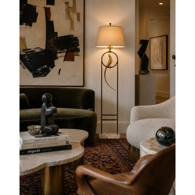 Postmodern Vintage Sculptural Postmodern Brass Bird Floor Lamp in Steel & Travertine For Sale - Image 3 of 14