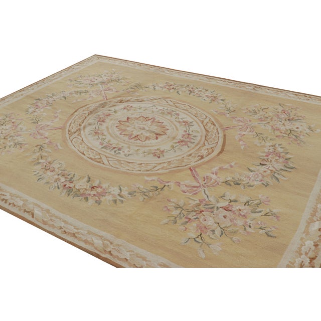 Rug & Kilim Rug & Kilim’s Aubusson Style Rug in Gold and Beige With Floral Medallion For Sale - Image 4 of 7