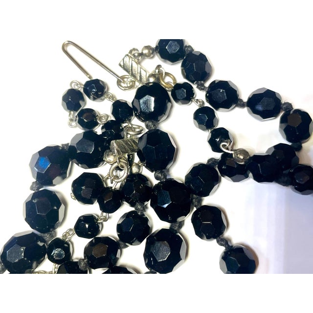 Art Deco 1930s Made in Austria Black Faceted Glass (French Jet) Three Strand Necklace For Sale - Image 3 of 7