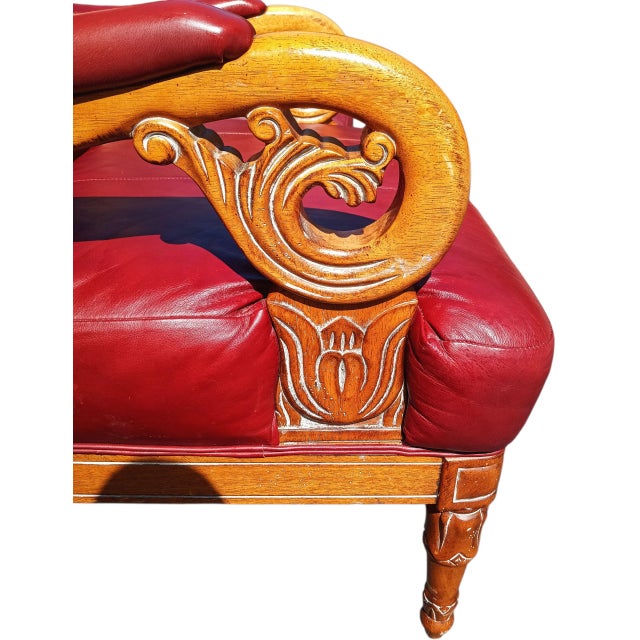 1960s Empire and William IV Periods Inspired Vintage Red Leather Armchair & Ottoman For Sale - Image 5 of 12