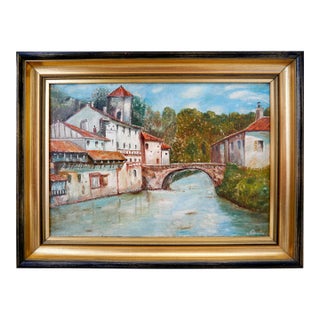 1990s J Borin French School River Town Landscape Oil Painting Signed For Sale