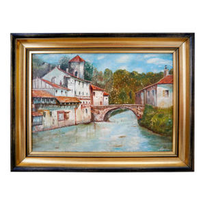 1990s J Borin French School River Town Landscape Oil Painting Signed