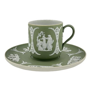 1940s Wedgwood Celadon Demitasse Cup & Saucer – Neoclassical Bas-Relief Sage Green Porcelain For Sale