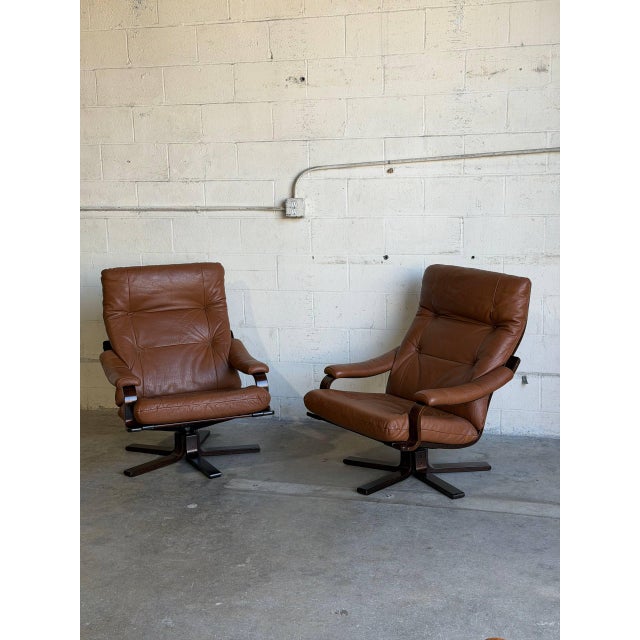 Pair of Brown Leather Swivel Lounge Chairs Danish Mid-Century Modern 1970s For Sale - Image 4 of 13