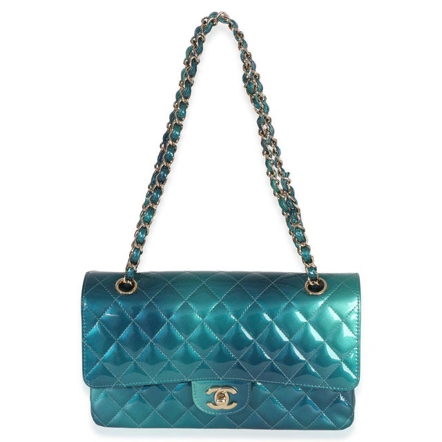 Blue Green Blue Shaded Quilted Patent Medium Classic Double Flap Bag For Sale - Image 8 of 9