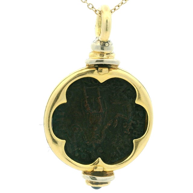 Metal Vintage 18k Gold Ancient Coin Diamond & Sapphire Pendant For Sale - Image 7 of 10