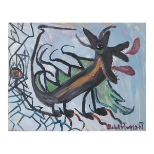 Robert Wright Signed Folk Art Acrylic Painting of Dragon