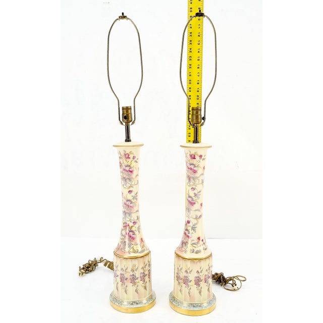 Pair of 39" Tall Ceramic Hand Painted Round Tower Shape Table Lamps w/ Shades For Sale - Image 13 of 13
