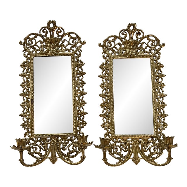 Vintage Pair Italian Bacchus Brass Mirror Wall Hanging Sconces Candleholders For Sale