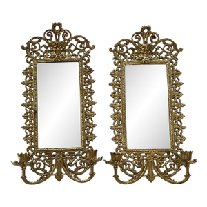 Vintage Pair Italian Bacchus Brass Mirror Wall Hanging Sconces Candleholders