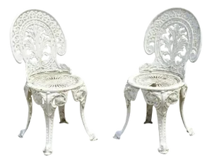 Antique French Victorian Cast Iron Foliate Leaf Pattern White Garden Chairs - A Pair