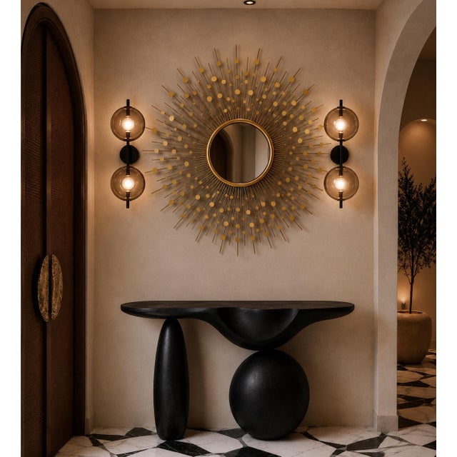 Gold Large Brass Convex Sunburst Wall Mirror | Mid-Century Modern Atomic Style | 34” For Sale - Image 8 of 8