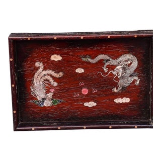 Vintage Zitan Wood Tray With Mother-of-Pearl Dragon & Phoenix Inlay For Sale