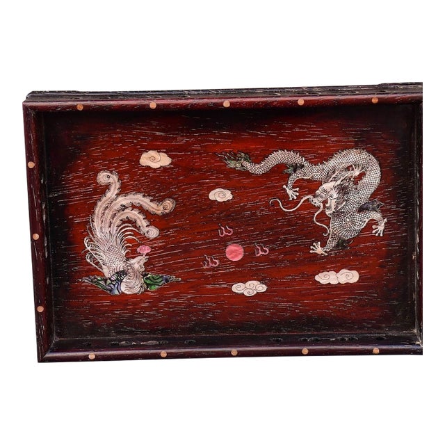 Vintage Zitan Wood Tray With Mother-of-Pearl Dragon & Phoenix Inlay For Sale