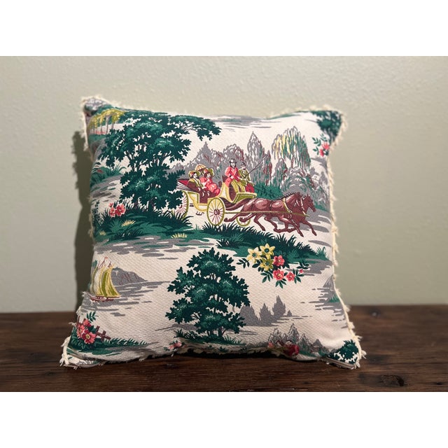 This 18” x 18” pillow cover is crafted from authentic vintage barkcloth featuring an English pastoral scene — white horse-...