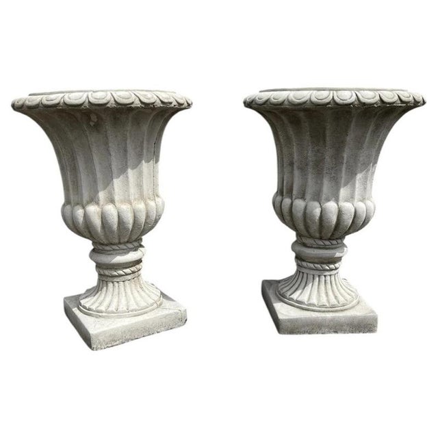 British Cast Stone Fluted Garden Urns, Set of 2 For Sale - Image 12 of 12