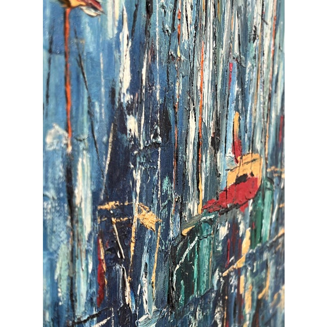 Vintage Mid Century Modern Oil on Canvas Abstract Sailboats Framed Painting For Sale - Image 4 of 8