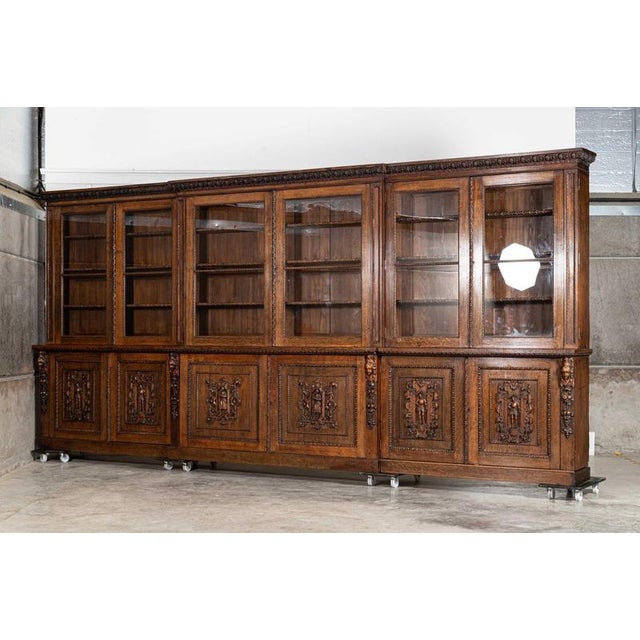 English Carved Oak Breakfront Glazed Bookcase, 1870s For Sale - Image 6 of 18