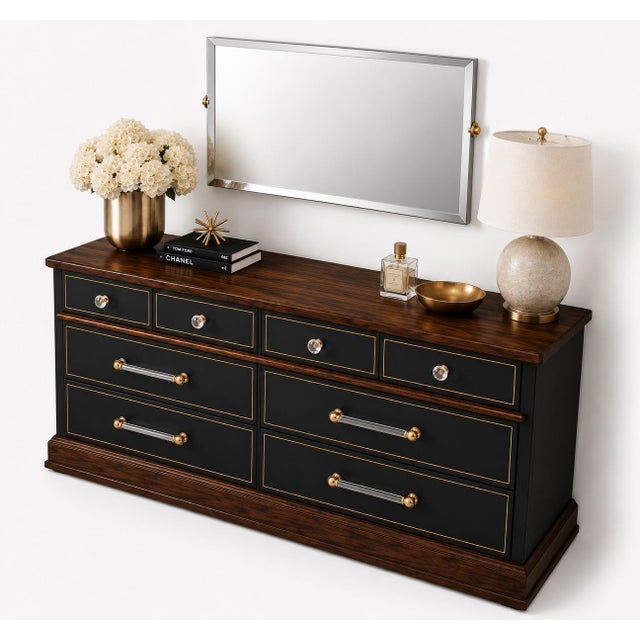 Late 20th Century Old Chapel Noire™ | Restored 1960s American Dresser in Onyx Black, Satin Walnut & Gilded Detail With Beveled Mirror For Sale - Image 5 of 5